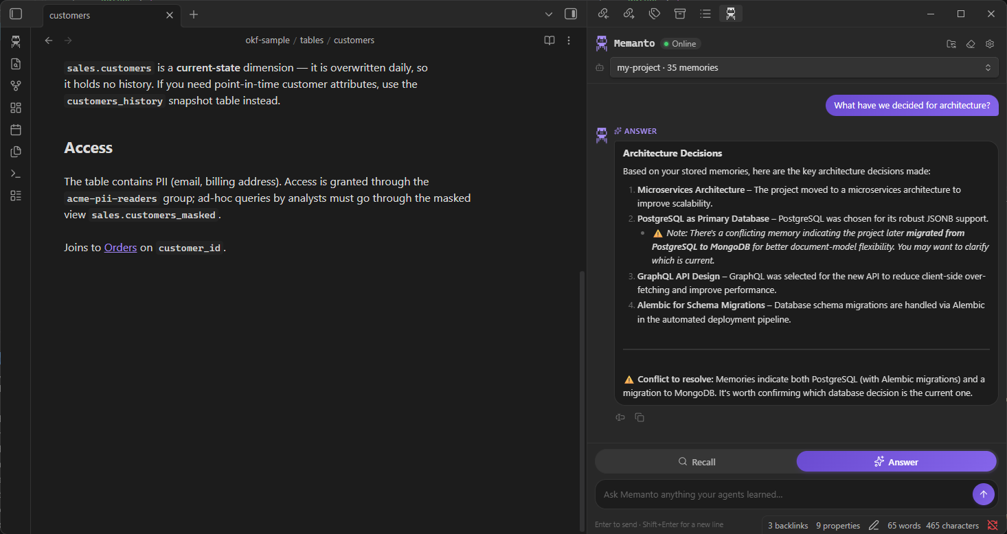 The Memanto sidebar in Answer mode replying to What have we decided for architecture with four decisions and a warning that two memories conflict about PostgreSQL and MongoDB