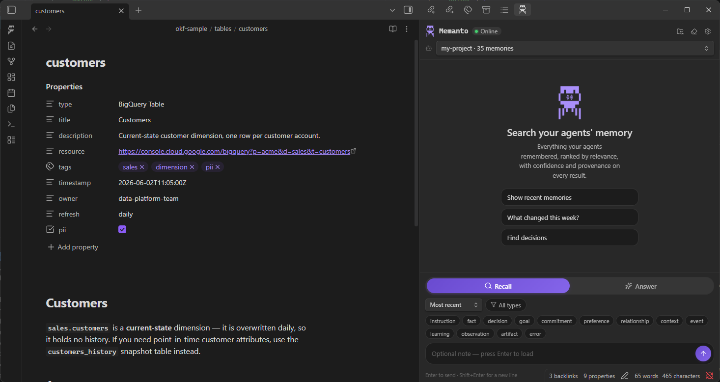 The Memanto sidebar in Recall mode with Most recent selected and filter chips for memory types such as instruction, fact, decision, goal, preference and error