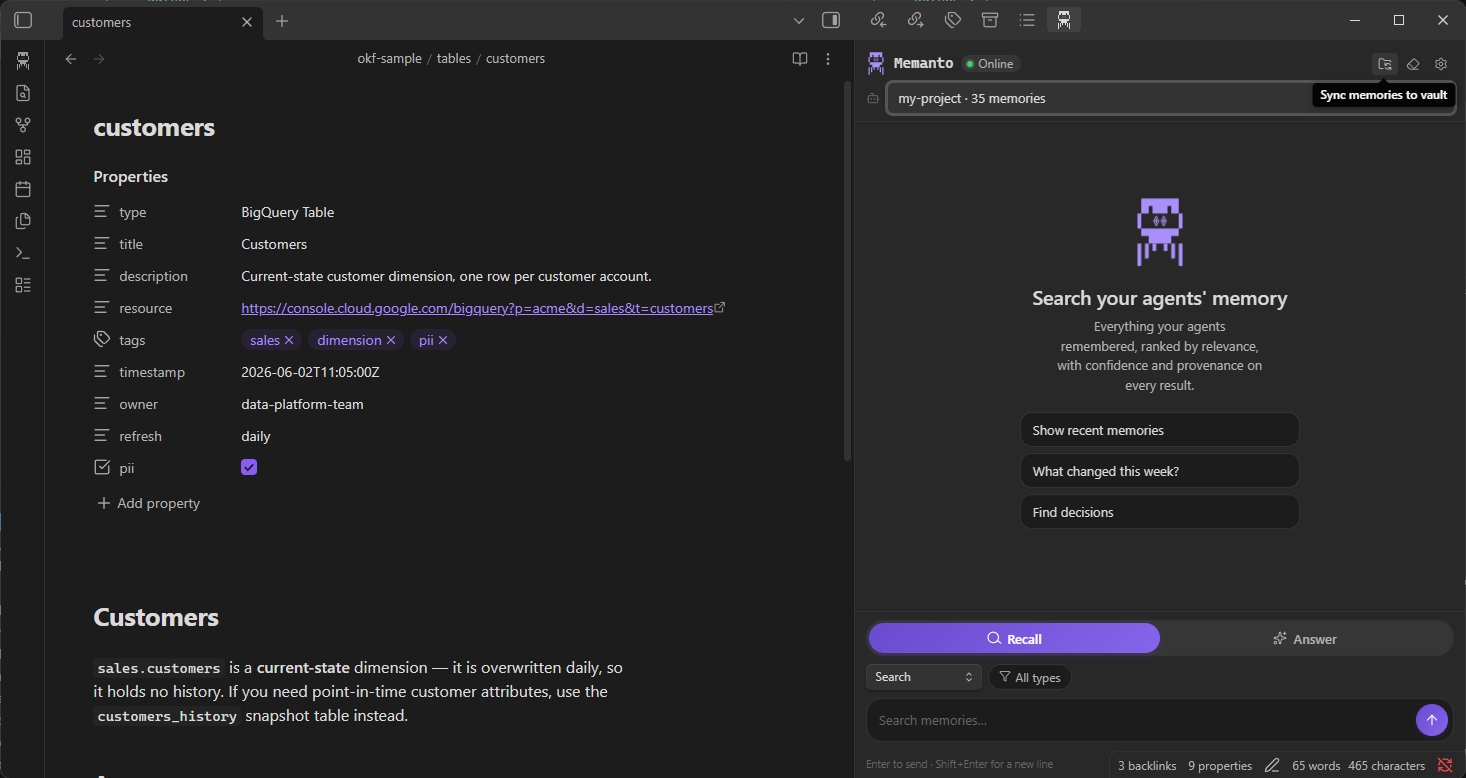 Obsidian with a note open on the left and the Memanto sidebar on the right, showing the my-project agent with 35 memories and suggestions like Show recent memories, What changed this week and Find decisions